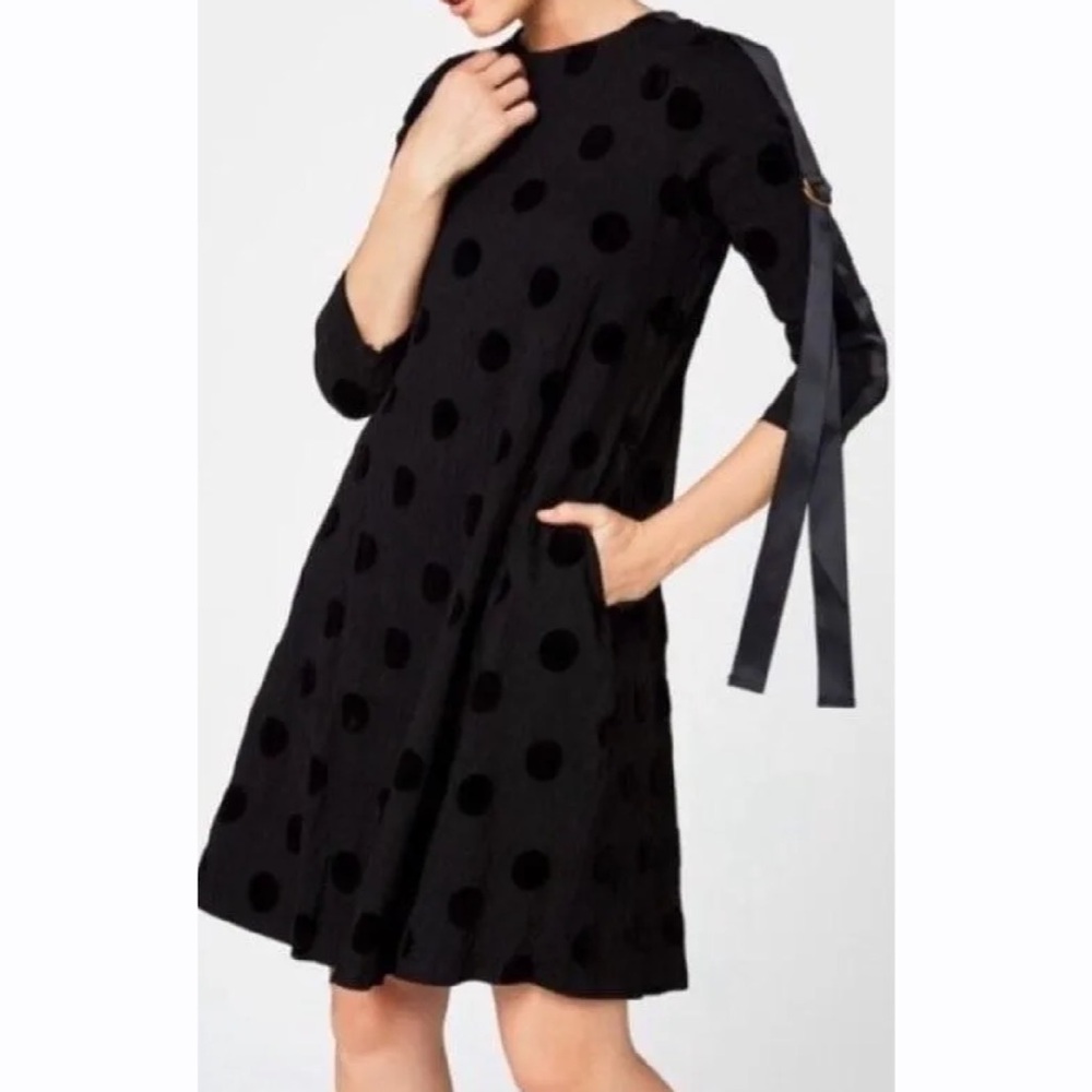CAARA Womens Large Black‎ Textured Polka Dot 3/4 Sleeve Shift Dress NEW